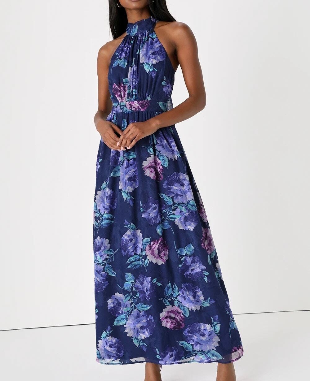 LULUS Splendid Perfection Floral Jacquard Maxi Dress Blue Purple Small S